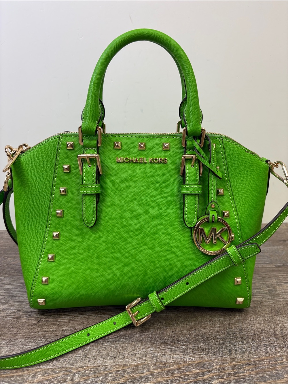 Michael Kors Ciara Studded Saffiano Leather Satchel Crossbody Bag – Neon Green